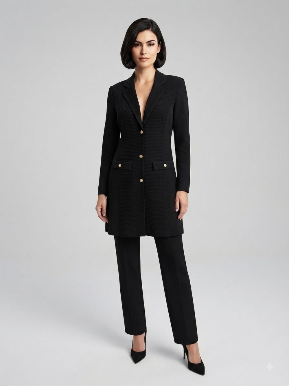 Exclusively Misook Black Ribbed Longline Blazer & Pant Suit Set (S/M)